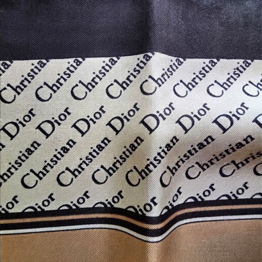 Vintage Christian Dior 100% Silk Scarf Monogram Logo Square Beige Black - Picture 6 of 10